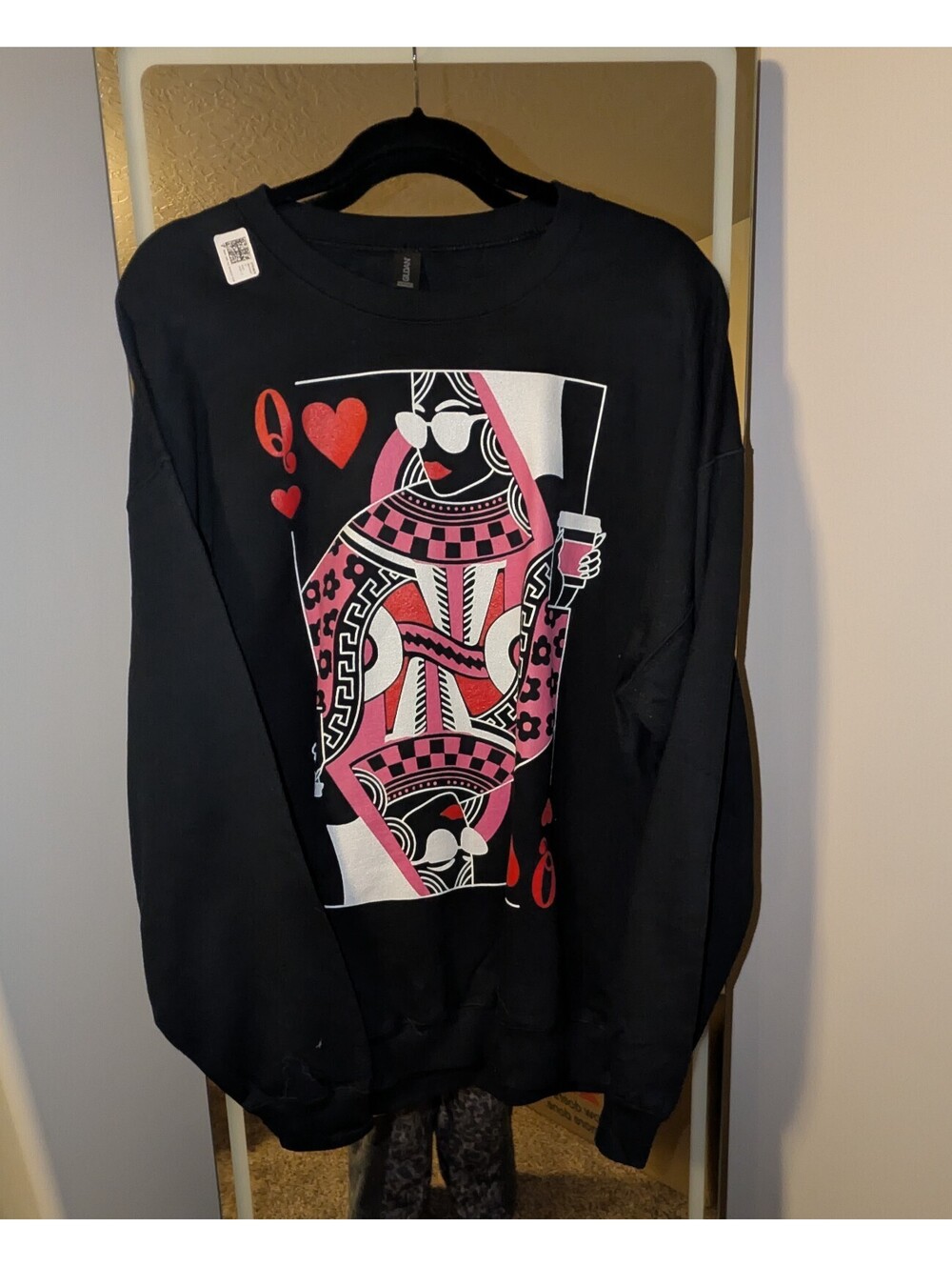 Women's Black Crewneck Sweatshirt with Queen of Hearts Graphic, New Without Tags
